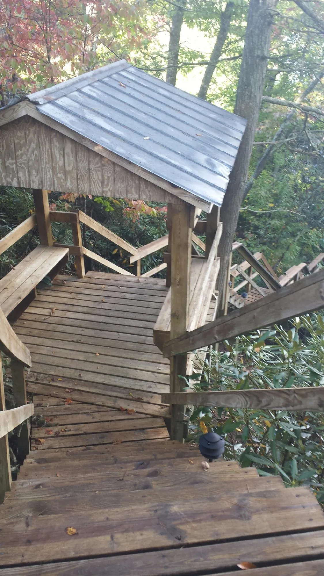 Metal roofed shelter over wooden steps on a wooded walkway — Skylight Repair & Installation work by our crew in Ford Cliff